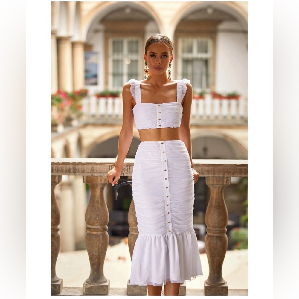 White drape ruffle skirt set